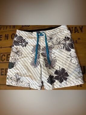 Men's White Floral Board Shorts with Teal Drawstring
